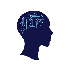 Light blue outline of a head with a glowing AI chip vector. Concept of artificial intelligence integration, futuristic human brain, machine learning, and digital enhancement on a dark background