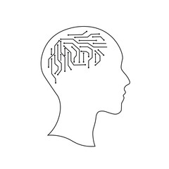 Human head outline with circuit board lines vector. Conceptual illustration of artificial intelligence, digital brain, and technological mind. Computing, data science, and memory concept