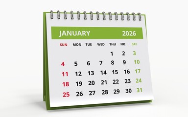 Standing  Desktop calendar for January 2026, standard format with a green header and metal spiral binding, the week starting on Sunday.