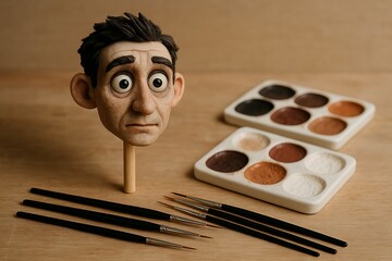 Meticulously Sculpted Stop-Motion Character Head with Artist's Tools