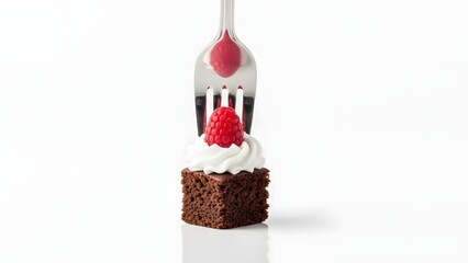 A tiny chocolate brownie topped with whipped cream and a fresh raspberry, with a fork holding a drop of red sauce above it on a white background.