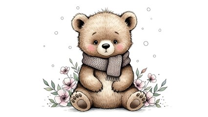 A cute, fluffy teddy bear wearing a scarf sits among delicate pink flowers and soft falling snow.