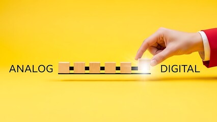 Hand placing glowing block symbolizing transition from analog systems to modern digital transformation technology