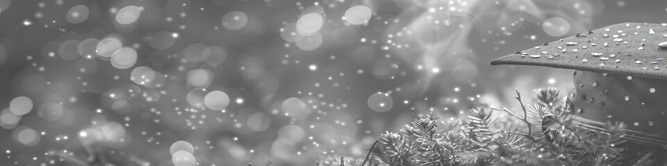 Panoramic Black and White Close-Up of Water Droplets on a Leaf with Bokeh Effect