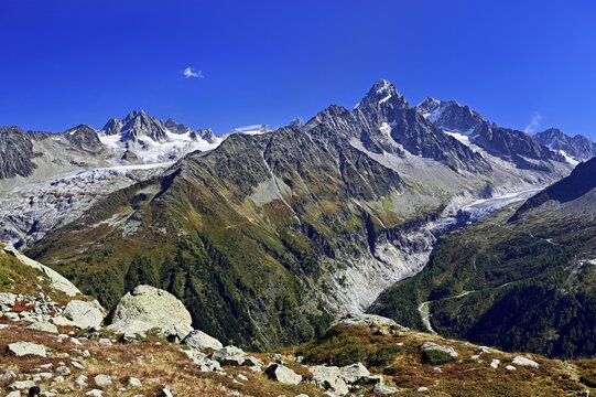 From left front Glacier du Tour back Aiguilles du Tour, right Aiguille du Chardonnet, in front foothills of the Argenti&egrave;re Glacier, Chamonix-Mont-Blanc, Haute-Savoie, France