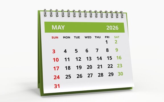 Standing  Desktop calendar for May 2026, standard format with a green header and metal spiral binding, the week starting on Sunday.