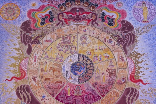 Buddhist wall painting, Tibetan Buddhism, god of death Yama holding the wheel of life, art hall with exhibition of non-traditional works of art, most of which follow modern art trends such as minimalism and abstraction, Wat Sitthawararam, Bangkok, Thailand