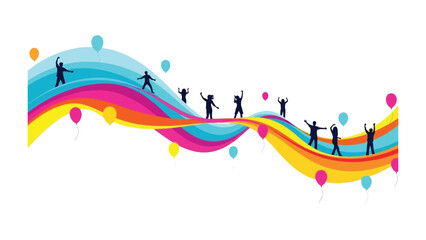 Celebration of Vibrant Spectrum: Silhouette figures jubilantly dance atop a dynamic wave of color, complemented by floating balloons, signifying joy, festivity, and the essence of achievement.