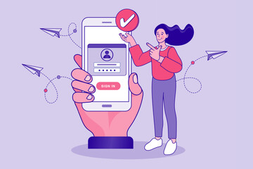 Woman pointing at verified checkmark on smartphone login screen held by giant hand. Concept of secure mobile authentication, account verification success, easy sign in app access, and digital identity