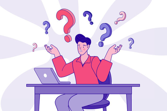 Confused man sitting at laptop desk with floating question marks. Concept of business problem solving, finding answer, faq support, difficult decision, and thinking strategy.