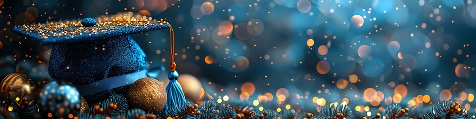 Panoramic Graduation Cap Illuminated by Festive Bokeh Lights and Ornaments