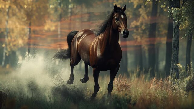 Bay horse galloping through misty birch forest, splashing dust and tall autumn grass, sunlit muscles and flowing mane, powerful hooves kicking, cinematic mood