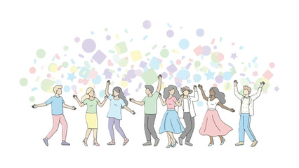 Celebration and Togetherness: A diverse group of people joyfully dancing, celebrating and coming together to show a strong sense of unity and shared moments.