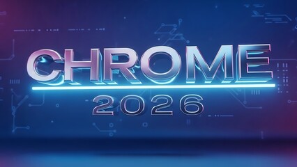 Futuristic chrome text 2026 with neon light and digital background