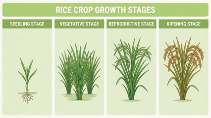 Rice plant growth stages infographic showing the evolution from seedling, through vegetative and reproductive phases, to the final ripening and harvest-ready panicle