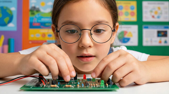 A girl works on a microelectronics project at a table in a classroom setting