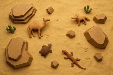 Playful Clay Desert Scene with Cute Animals and Sand