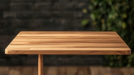 Fototapeta premium Elegant wooden standing desk with smooth walnut paneling, adjustable height, and minimalist aesthetics