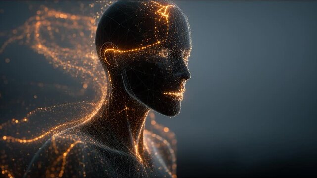 Futuristic cyberpunk digital neon glowing profile human silhouette wireframe particles flow through human profile futuristic digital neon scene, glowing nodes and wireframe details convey neural