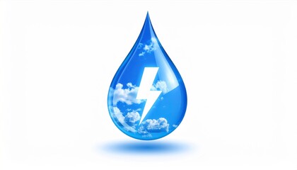 Obraz premium Blue water drop with white lightning and clouds inside on white background, energy and clean power icon.