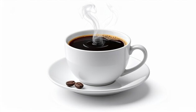 White cup of hot black coffee with steam and beans on white background, classic morning energy drink. - Powered by Adobe