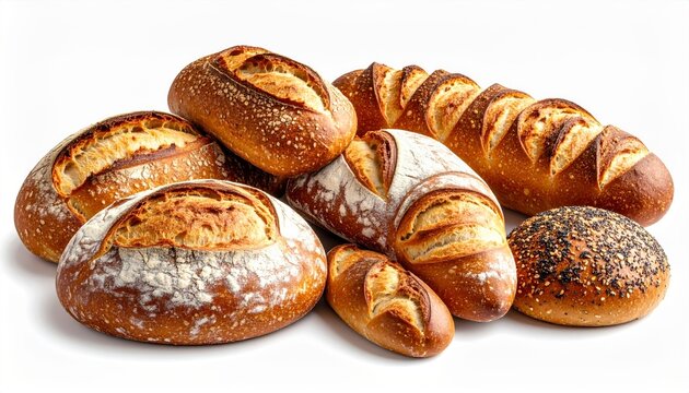 Assortment of artisan bread loaves and rolls on white background, bakery concept - Powered by Adobe