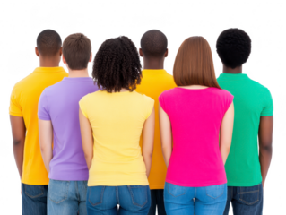 Group of diverse young adults standing together, back view, wearing colorful casual shirts, expressing unity and friendship, isolated on transparency background