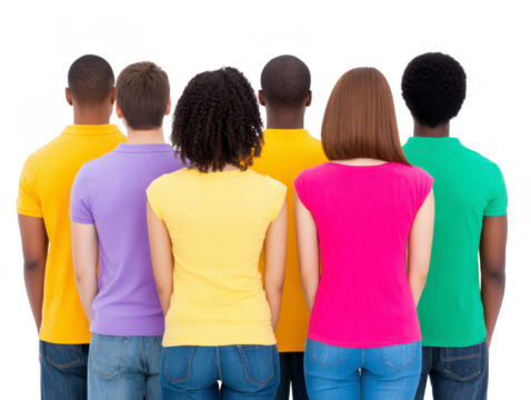 Group of diverse young adults standing together, back view, wearing colorful casual shirts, expressing unity and friendship, isolated on transparency background - Powered by Adobe
