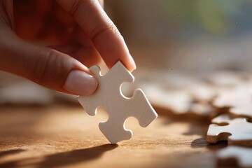 Team Building Hand Placing Final Puzzle Piece in Sunlit Setting for Collaborative