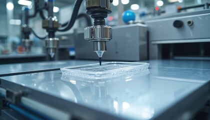 Automated machinery in factory. Thermoforming machine produces plastic container. Production process uses high tech equipment for shaping. Machine cuts plastic, creates form for product packaging.