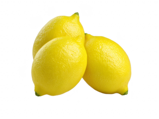 Three fresh yellow lemons with textured skin, arranged together on transparency background, evoke vibrant and refreshing feeling, perfect for food, drink, or kitchen themes