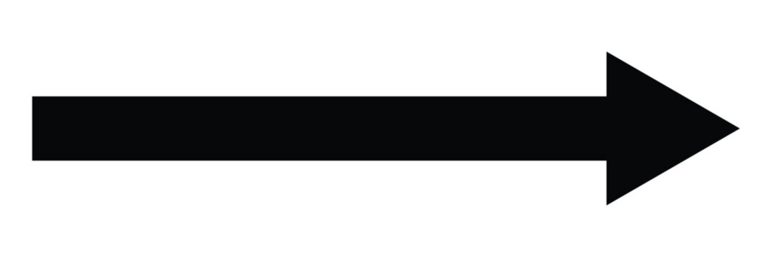 Straight long right vector arrow icon. black cursor, horizontal element, icon isolated on white background. Bold solid long arrow pointing to the right on a white background. Vector illustration.