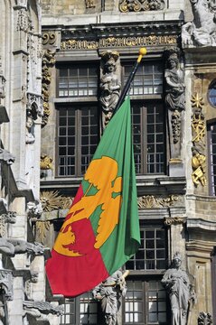 Flag of Brussels at the town hall, Grand Place, UNESCO World Heritage Site, Brussels, Belgium, Benelux