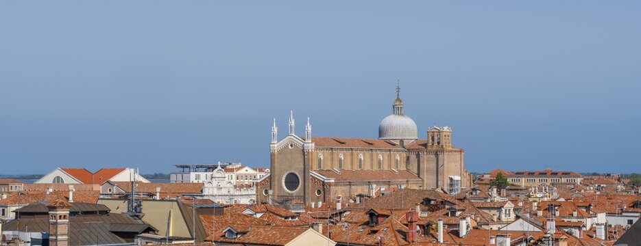 View over the roofs of Venice to the church Basilica dei Santi Giovanni e Paolo, view from the roof of the Fondaco dei Tedeschi, Venice, Veneto, Italy
