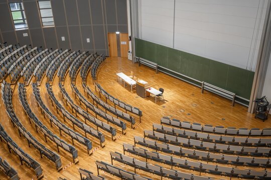 View from above into an empty lecture theatre with rows of seats and lectern, interior photo, Department of Mechanical Engineering, Technical University of Munich, TUM, Garching, Bavaria, Germany