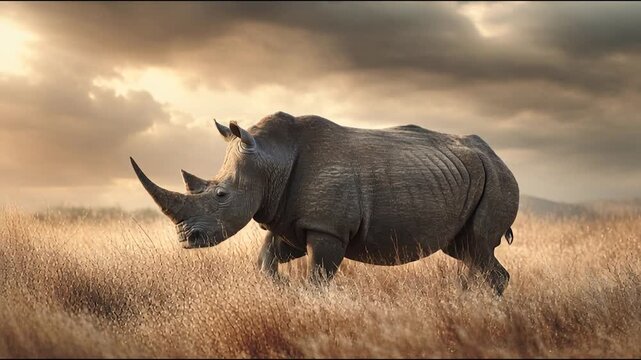 Majestic rhinoceros wild animal savanna grassland sunset dramatic sky horn wildlife safari Africa calmly walks across golden grass dramatic sky, rugged texture serene mood profile portrait powerful