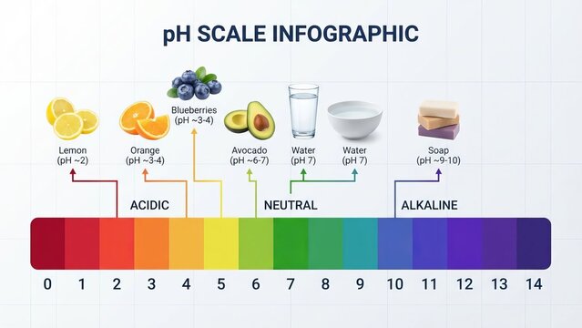 Ph scale chart illustrates the acidity and alkalinity of common substances, ranging from strong acids like battery acid to strong bases like bleach, with neutral water at the center