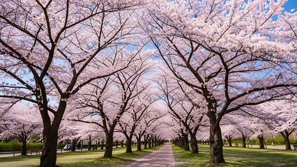 Fototapeta premium Cherry Blossom Tunnel: Serene Path Under Pink Canopy Springtime Beauty.
