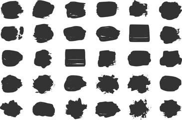 Collection of thirty black ink brush stroke splatters and grunge paint spots isolated on white background