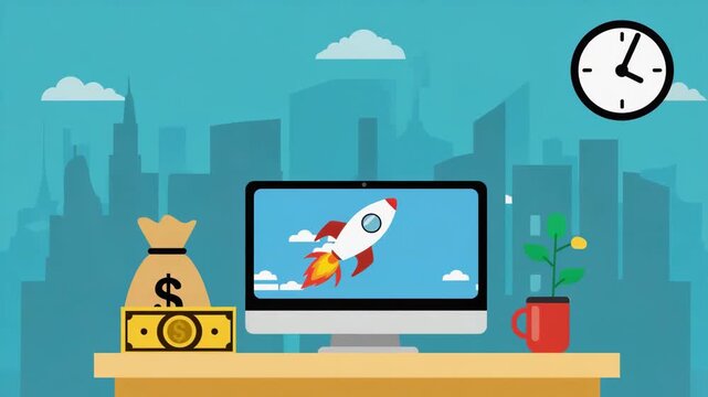 Business startup launch concept with rocket ship on computer screen and money bag