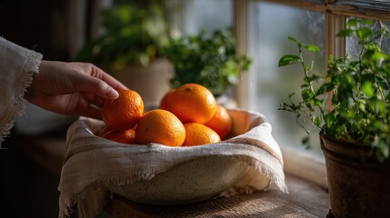 Indoor Breaks Hand Reaching for Fresh Oranges in Sunlit Kitchen