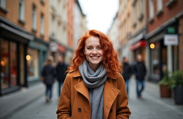 Obraz premium Redhead woman smiles on a street. Girl wears scarf, brown jacket in cityscape. People walk, shops show. Autumn mood, bright hair and teeth look attractive. Happy person outdoors.