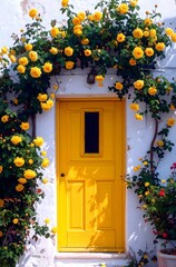 Gelbe Rosen umrahmen eine gelbe T&uuml;r in einer wei&szlig;en Wand im  S&uuml;den.