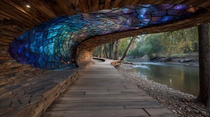 Unique Forest Tunnel with Bioluminescent Art and River View.