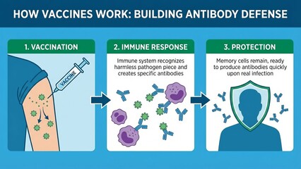 Three-step infographic showing vaccination with syringe, immune system generating antibodies and memory cells, and person protected by a shield representing immunity and virus prevention