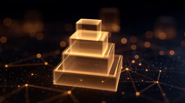 Glowing cube layered structure 3D render abstract background digital network orange light futuristic design technology concept data visualization minimal style, layered pyramid glass glowing