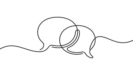 Minimalist line drawing of overlapping speech bubbles, continuous loop design, dialogue and communication icon, stylized vector illustration, interaction symbol, clean contour, modern graphic