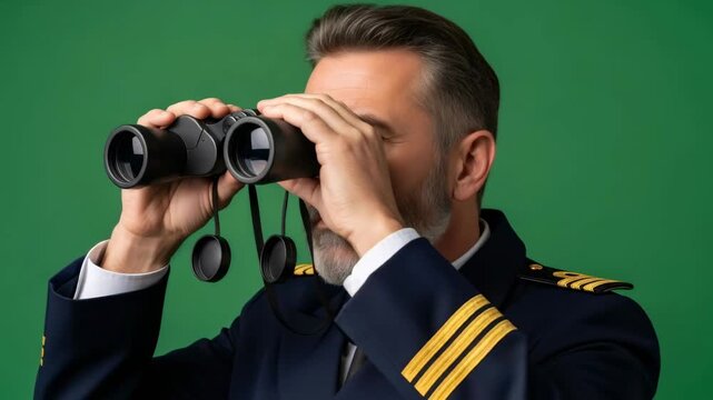 Caucasian man in uniform looking with binoculars on green screen, captain searching and finding, chroma key effect