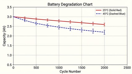 Battery degradation chart displaying capacity loss over time at two different temperatures, illustrating the impact of higher temperatures on battery lifespan and efficiency for electronics