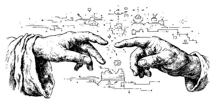 Creation of Adam hands reaching with digital circuit technology background in vintage sketch style